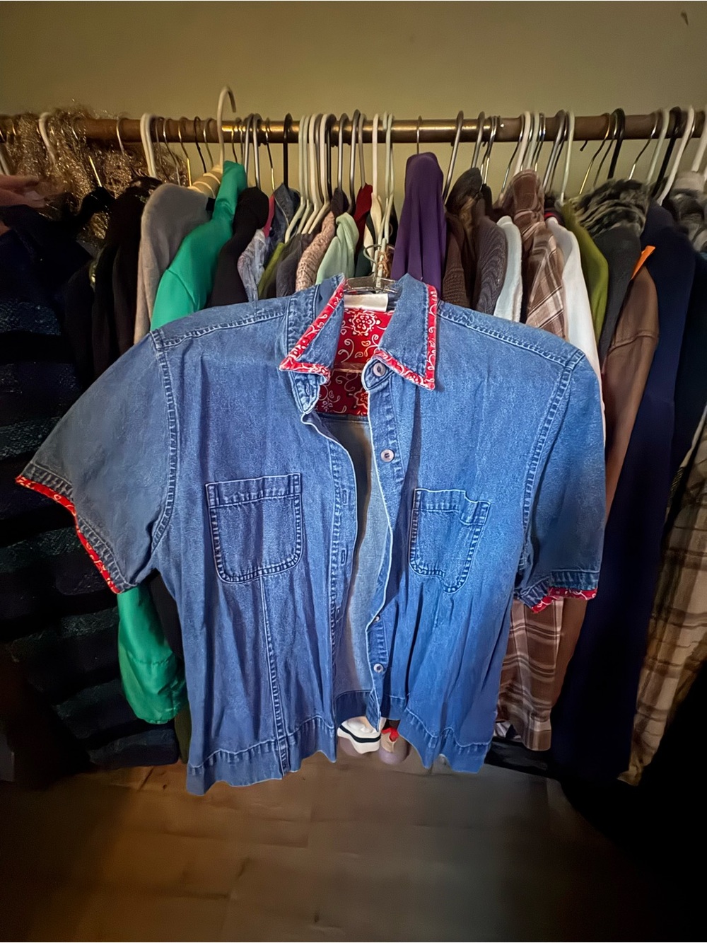Short-Sleeve Denim Jacket with Red Bandana Trim